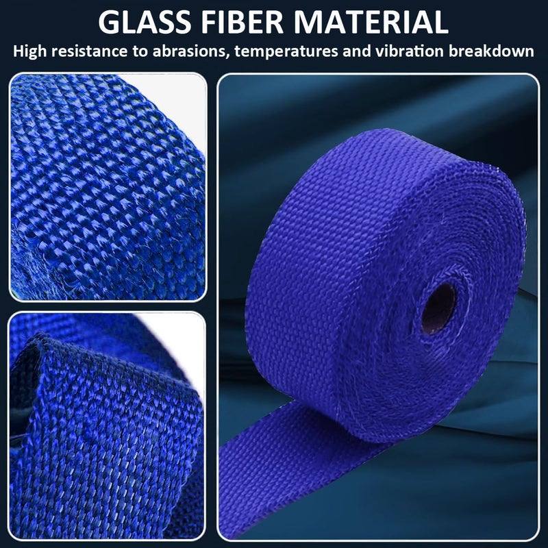 LKRXW Blue Exhaust Heat Wrap 1" x 16 Feet Motorcycle Exhaust Header Pipe Wrap Fiberglass Heat Shield Tape Car Manifold Insulation Thermal Protection with 6pcs Stainless Ties - Image 3